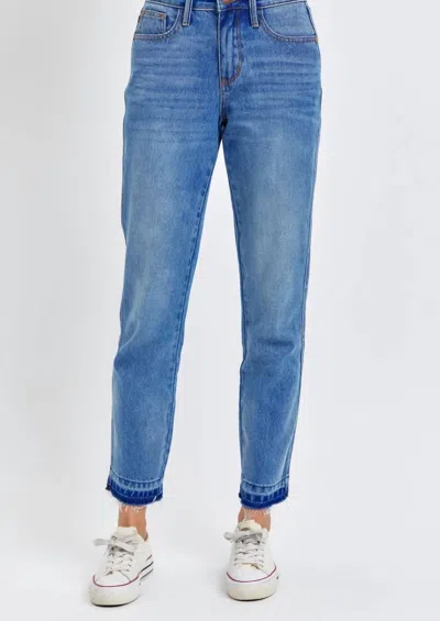 Judy Blue Mid Rise Rigid Magic Release Hem Boyfriend Jeans In Medium In Blue