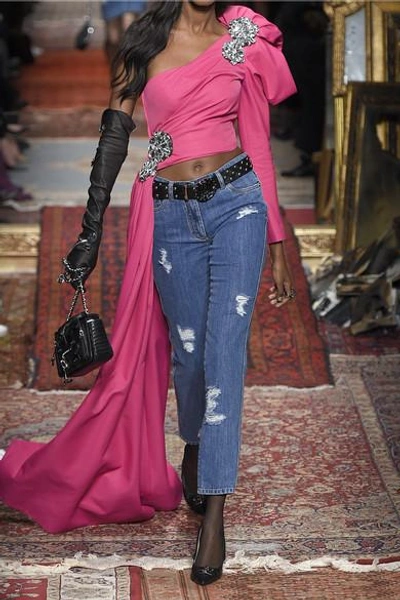 Shop Moschino Distressed Mid-rise Slim-leg Jeans