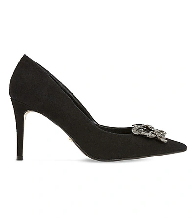 Dune Betti Brooch-detail Suede Courts In Black-suede