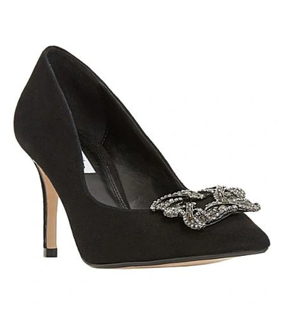 Shop Dune Betti Brooch-detail Suede Courts In Black-suede
