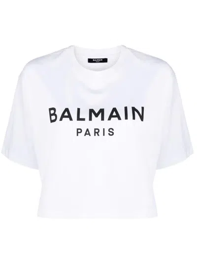 Balmain Logo Cotton Jersey Cropped T-shirt In White
