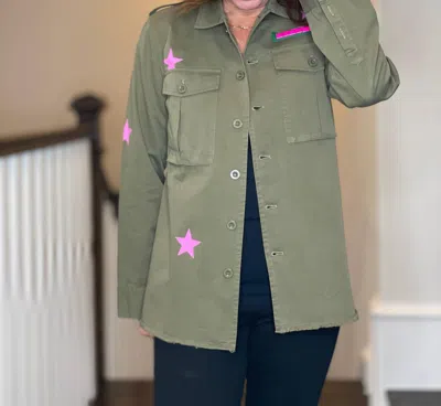 Moving Forward Army Shacket With Rhinestone Peace Sign In Olive In Green