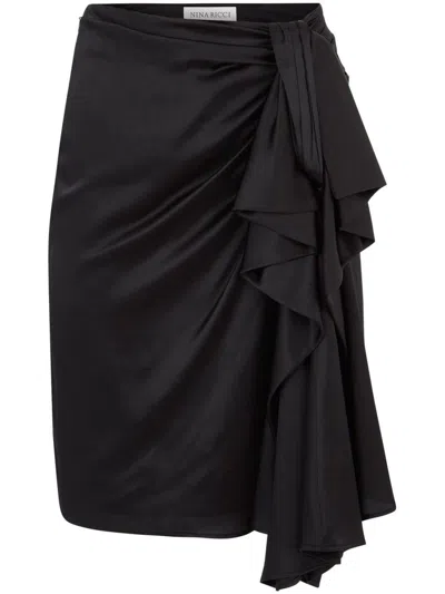 Nina Ricci Asymmetric Bow Draped High-ruffled Satin Silk In Black