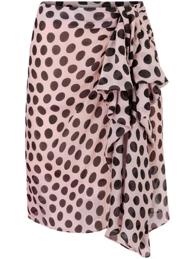 Nina Ricci Polka Dot Seersucker Skirt With Asymmetric Bow In Black On Blush In Dots/blush