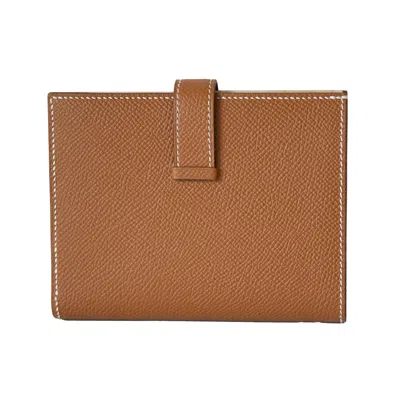 Pre-owned Hermes Bearn Epsom Compact Wallet Palladium Hardware Gold Brown In Os