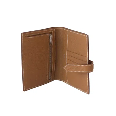 Pre-owned Hermes Bearn Epsom Compact Wallet Palladium Hardware Gold Brown In Os