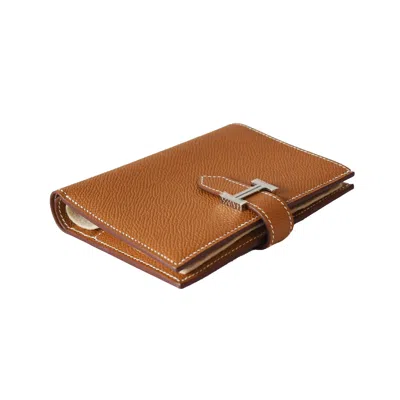 Pre-owned Hermes Bearn Epsom Compact Wallet Palladium Hardware Gold Brown In Os