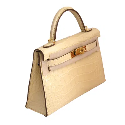 Pre-owned Hermes Kelly Sellier 20 Matte Croc Gold Hardware Vanille In Os
