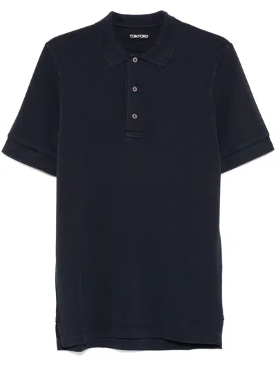 Tom Ford Black Short-sleeves Polo In Cotton Piquet Jersey Man In Blue