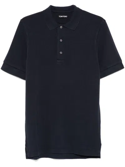 Tom Ford Black Short-sleeves Polo In Cotton Piquet Jersey Man In Blue