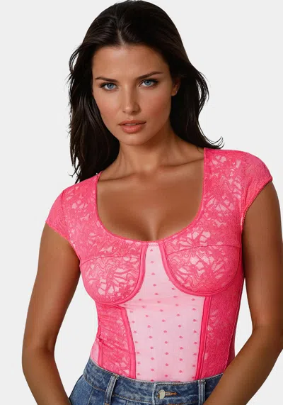 Bebe Swiss Dot Lace Bodysuit In Mary's Rose,raspberry