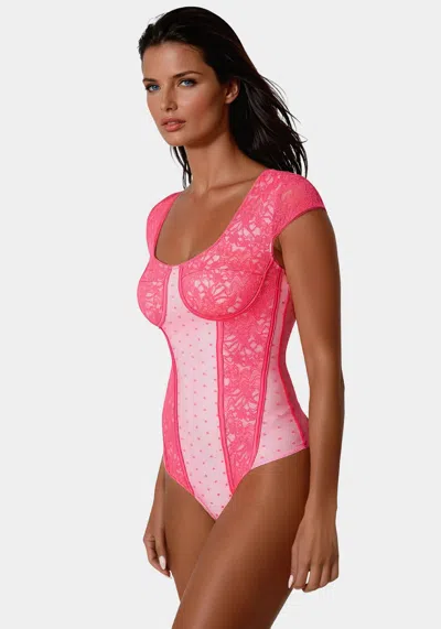 Bebe Swiss Dot Lace Bodysuit In Mary's Rose,raspberry