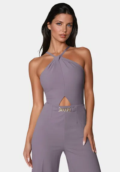 Bebe Halter Palazzo Leg Jumpsuit In Purple Ash
