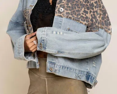 Pol Off Duty Leopard Denim Jacket In Light Wash In Blue
