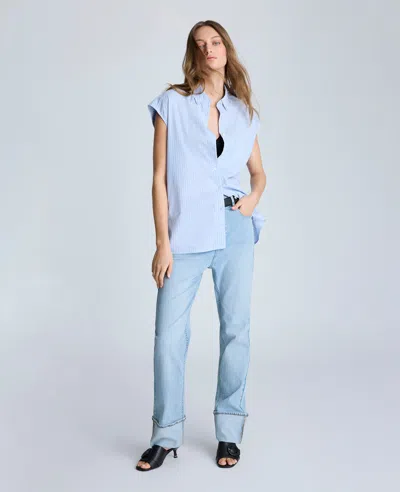 Kenneth Cole Oversize Stripe Cap Sleeve Button-down Shirt In Shadow Blue,pure White