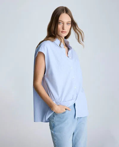 Kenneth Cole Oversize Stripe Cap Sleeve Button-down Shirt In Shadow Blue,pure White