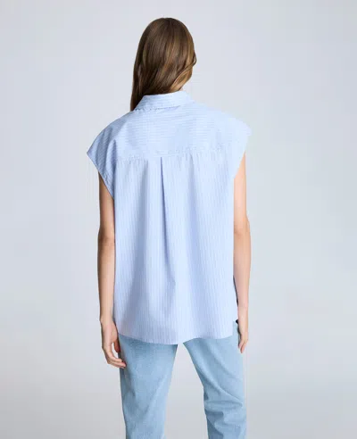 Kenneth Cole Oversize Stripe Cap Sleeve Button-down Shirt In Shadow Blue,pure White