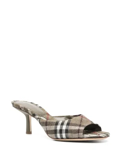Burberry Khaki Check Linen Blend Mews High Mules In Green