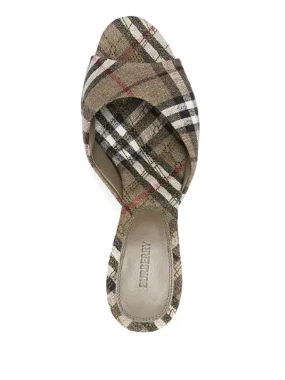 Burberry Khaki Check Linen Blend Mews High Mules In Green