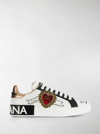 Dolce & Gabbana Calfskin Portofino Sneakers With Embroidery In White