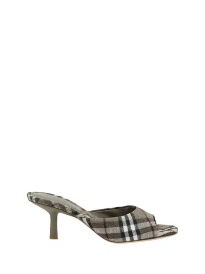 Burberry Khaki Check Linen Blend Mews High Mules In Multicolour