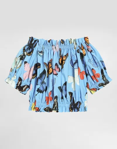 Dolce & Gabbana Cotton Poplin Top With Butterfly Print In Print