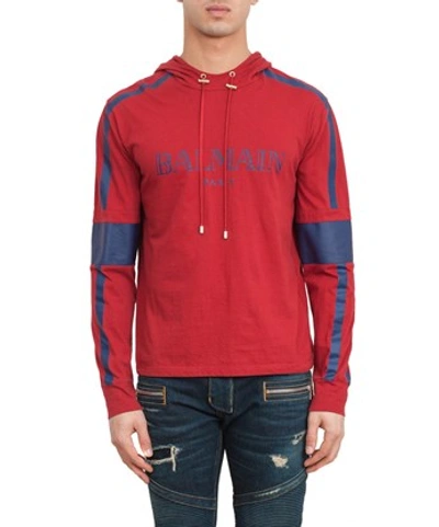 Balmain Cotton Jersey Hooded T-shirt In Rosso