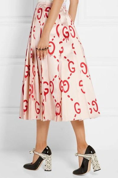 Shop Gucci Pleated Printed Duchesse Silk-satin Midi Skirt In Beige