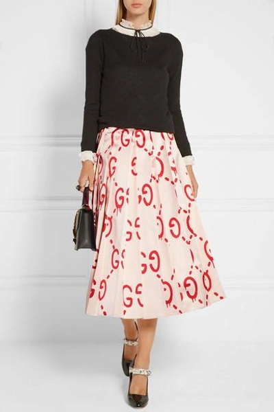 Shop Gucci Pleated Printed Duchesse Silk-satin Midi Skirt In Beige