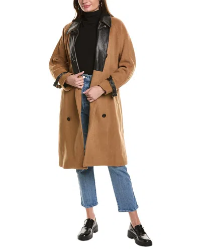 The Kooples Belted Leather-trim Wool-blend Coat In Beige