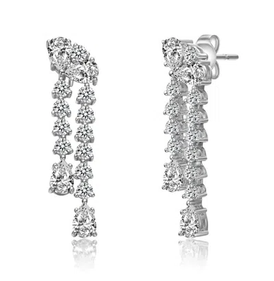 Rachel Glauber White Gold Plated With Clear Cubic Zirconia Tiered Drop Earrings In White