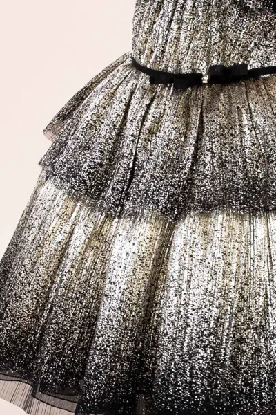 Marchesa Gold Coated Pleated Tulle Gown In Black