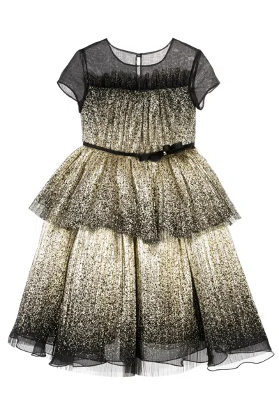 Marchesa Gold Coated Pleated Tulle Gown In Black