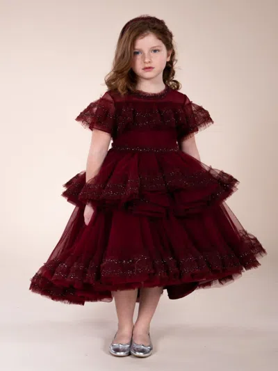 Marchesa Tiered Embellished Tulle Gown In Bordeaux