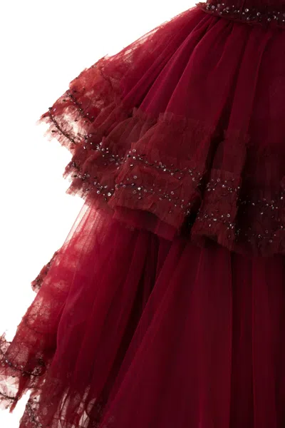Marchesa Tiered Embellished Tulle Gown In Bordeaux