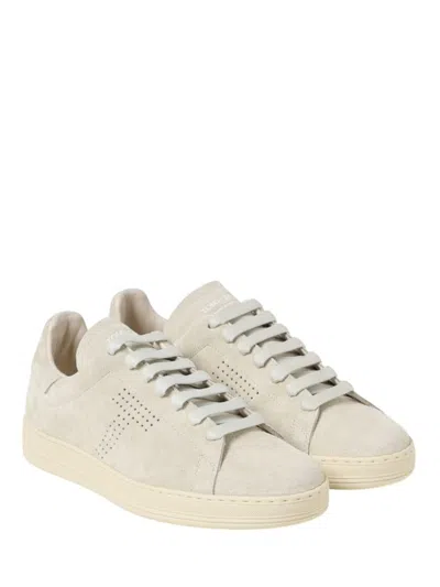 Tom Ford Leather Warwick Sneakers Rubber Sole Perforated Detailing In Beige