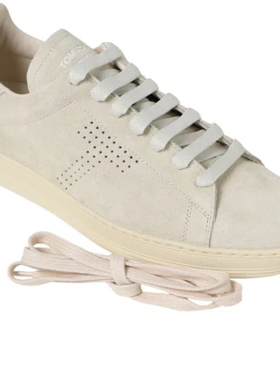 Tom Ford Leather Warwick Sneakers Rubber Sole Perforated Detailing In Beige