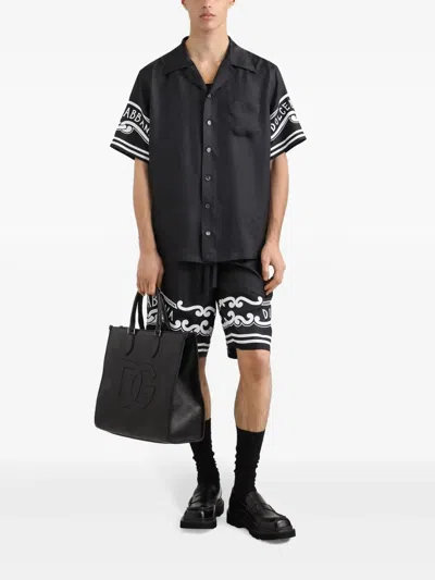 Dolce & Gabbana Black Shirt With Logo Print On The Sleeves In Silk Man