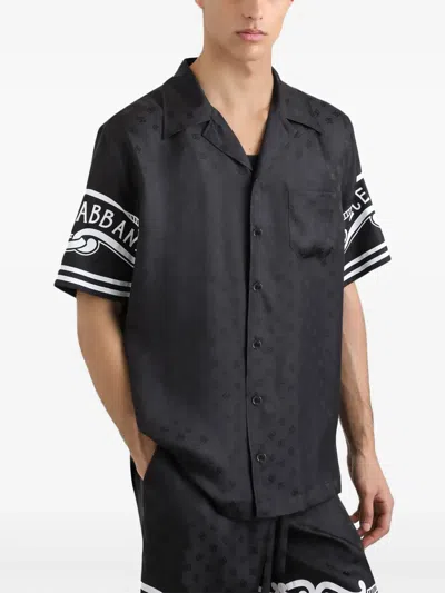 Dolce & Gabbana Black Shirt With Logo Print On The Sleeves In Silk Man