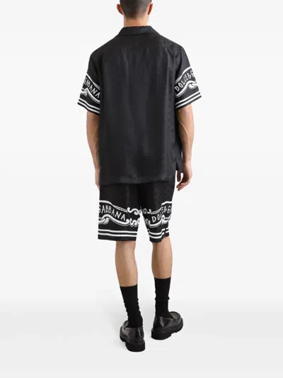 Dolce & Gabbana Black Shirt With Logo Print On The Sleeves In Silk Man
