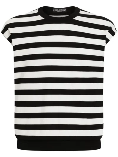 Dolce & Gabbana Black And White Sleeveless Top With Round Neck And All-over Strpied Motif