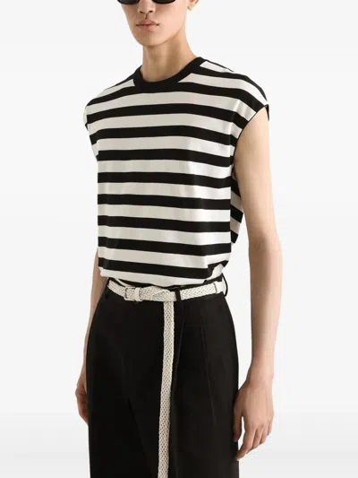 Dolce & Gabbana Black And White Sleeveless Top With Round Neck And All-over Strpied Motif