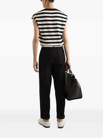 Dolce & Gabbana Black And White Sleeveless Top With Round Neck And All-over Strpied Motif