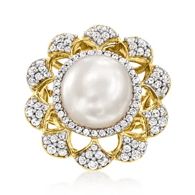 Ross-simons 12-12.5mm Cultured Pearl And White Topaz Ring In 18kt Gold Over Sterling In White