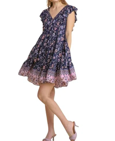 Umgee Mixed Print Tiered Dress In Midnight Blue, Pink, Purple, White & Green In Multi