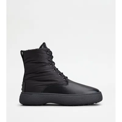 Tod's W. G. Lace-up Ankle Boots In Leather And Fabric In Black