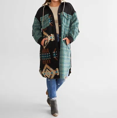 Miss Me Oversized Aztec Hooded Jacket In Jade Green In Multi