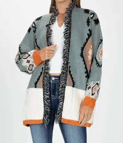 Miss Me Color Block Open Front Aztec Cardigan In Jade Green In Multi