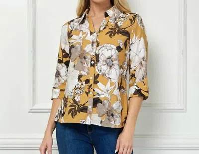 Winslow Collection Floral Print Button Down Blouse In Mustard/brown In Multi
