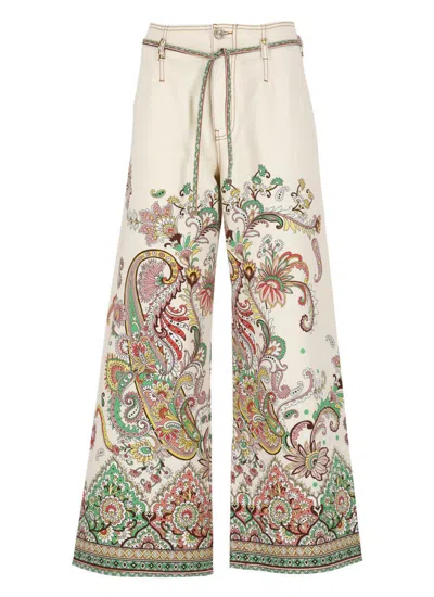 Etro Wide-leg Jeans With Intricate Floral Pattern In Beige